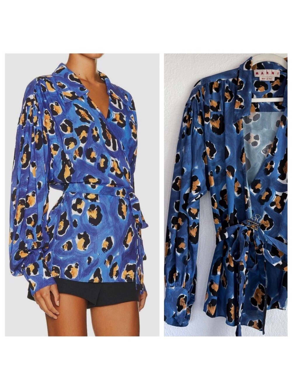 Marni Blue and Mustard Leopard-Print Wrap Blouse